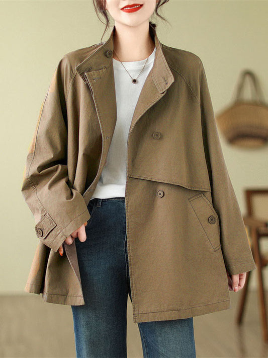 xakxx Long Sleeves Loose Asymmetric Buttoned Pockets Solid Color Split-Joint Stand Collar Outerwear Trench Coats