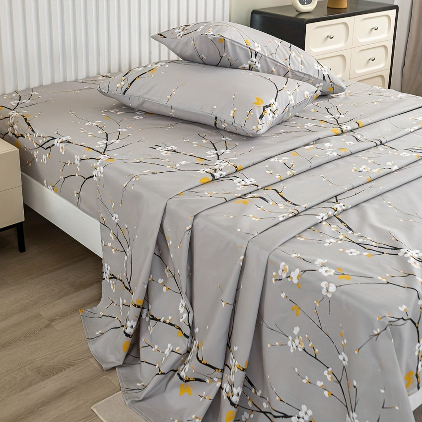 4pcs Luxury Flower Print Fitted Sheet Set - Soft, Hypoallergenic & Breathable Bedding - Wrinkle-Free & Fade-Resistant - Perfect for Bedrooms & Guest Rooms - 1 Flat Sheet, 1 Fitted Sheet, 2 Pillowcases - No Mattress Core