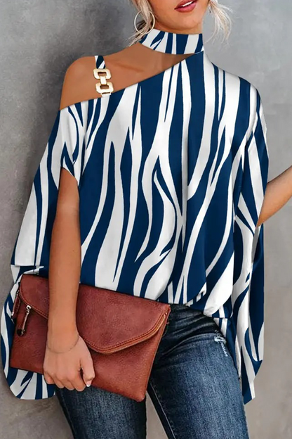Xakxx - Fashion Print Patchwork One Shoulder Blouses(5 Colors)
