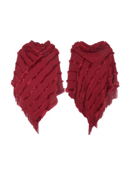 xakxx Hooded Keep Warm Solid Color Tasseled Cape Shawl&Cloak