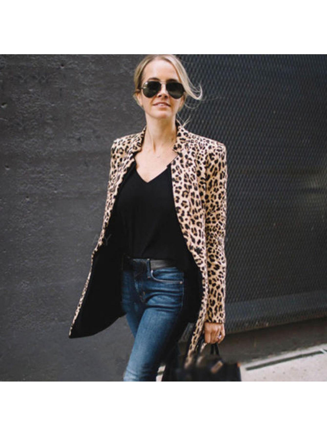 Midi Length Elegant Leopard Print Cotton Coat - Long Sleeve, Micro Elasticity, Machine Washable, Spring/Summer/Fall Wear, Cotton Lining, Random Printing, Buttonless Placket - Stylish Clubwear for Women