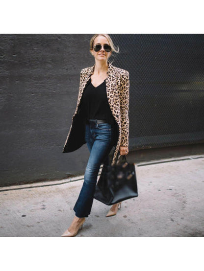 Midi Length Elegant Leopard Print Cotton Coat - Long Sleeve, Micro Elasticity, Machine Washable, Spring/Summer/Fall Wear, Cotton Lining, Random Printing, Buttonless Placket - Stylish Clubwear for Women