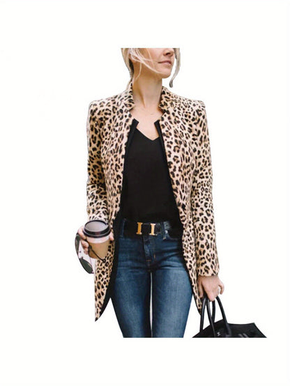 Midi Length Elegant Leopard Print Cotton Coat - Long Sleeve, Micro Elasticity, Machine Washable, Spring/Summer/Fall Wear, Cotton Lining, Random Printing, Buttonless Placket - Stylish Clubwear for Women