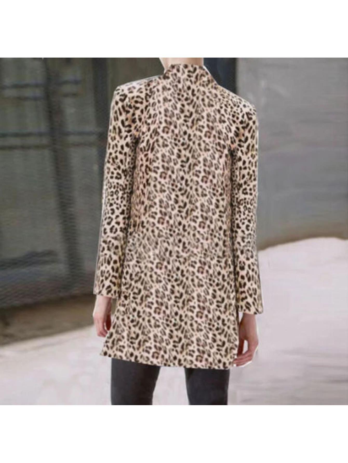Midi Length Elegant Leopard Print Cotton Coat - Long Sleeve, Micro Elasticity, Machine Washable, Spring/Summer/Fall Wear, Cotton Lining, Random Printing, Buttonless Placket - Stylish Clubwear for Women