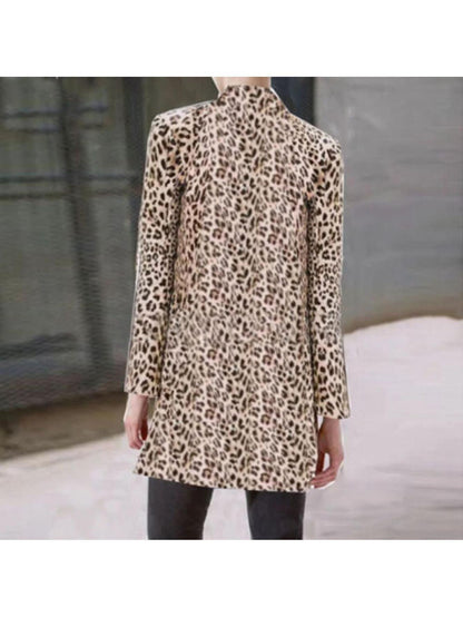 Midi Length Elegant Leopard Print Cotton Coat - Long Sleeve, Micro Elasticity, Machine Washable, Spring/Summer/Fall Wear, Cotton Lining, Random Printing, Buttonless Placket - Stylish Clubwear for Women