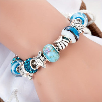1pc Exquisite Sea Star Turtle Blue Fashion Bracelet - Holiday Ocean Style Decorative Jewelry with Sparkling Accents - Perfect Gift for Beach Lovers and Ocean Enthusiasts