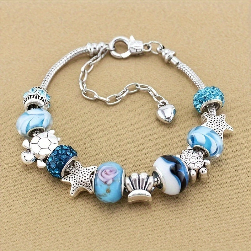 1pc Exquisite Sea Star Turtle Blue Fashion Bracelet - Holiday Ocean Style Decorative Jewelry with Sparkling Accents - Perfect Gift for Beach Lovers and Ocean Enthusiasts