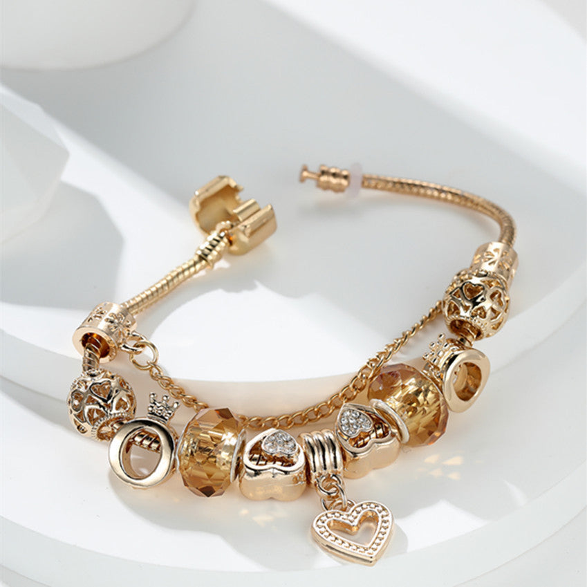 1PC Exquisite Golden Alloy Love Beads Charm Bracelet - Color Preserving Plating, Fashionable, Valentine's Day Gift, DIY Jewelry Accessories for Women, Anniversary, Birthday, or Romantic Occasions