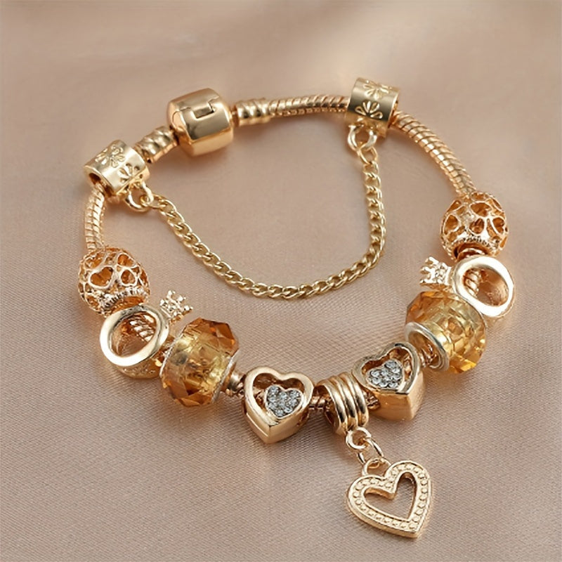1PC Exquisite Golden Alloy Love Beads Charm Bracelet - Color Preserving Plating, Fashionable, Valentine's Day Gift, DIY Jewelry Accessories for Women, Anniversary, Birthday, or Romantic Occasions