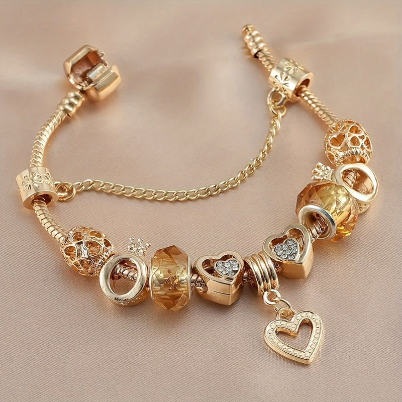 1PC Exquisite Golden Alloy Love Beads Charm Bracelet - Color Preserving Plating, Fashionable, Valentine's Day Gift, DIY Jewelry Accessories for Women, Anniversary, Birthday, or Romantic Occasions
