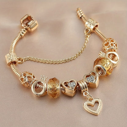 1PC Exquisite Golden Alloy Love Beads Charm Bracelet - Color Preserving Plating, Fashionable, Valentine's Day Gift, DIY Jewelry Accessories for Women, Anniversary, Birthday, or Romantic Occasions
