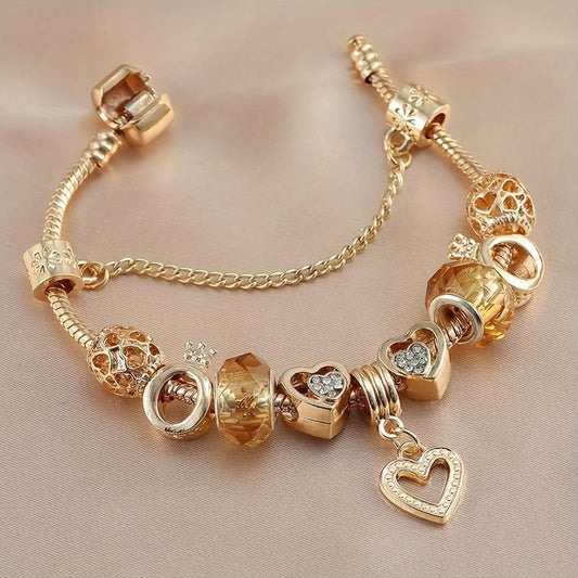 1PC Exquisite Golden Alloy Love Beads Charm Bracelet - Color Preserving Plating, Fashionable, Valentine's Day Gift, DIY Jewelry Accessories for Women, Anniversary, Birthday, or Romantic Occasions