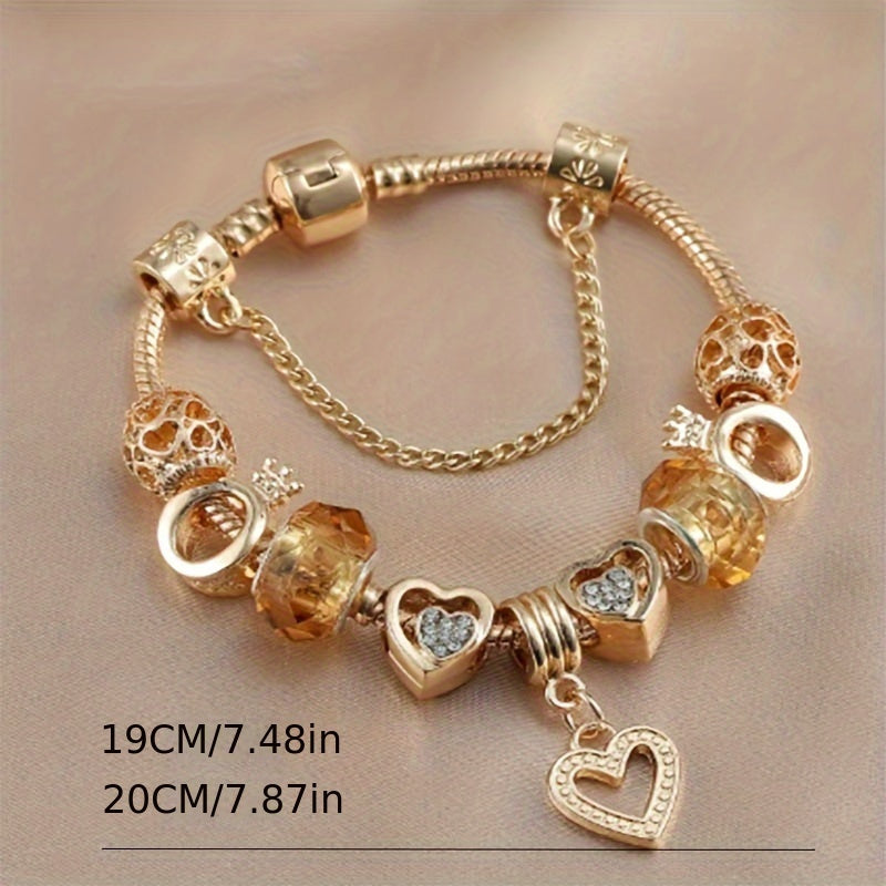 1PC Exquisite Golden Alloy Love Beads Charm Bracelet - Color Preserving Plating, Fashionable, Valentine's Day Gift, DIY Jewelry Accessories for Women, Anniversary, Birthday, or Romantic Occasions