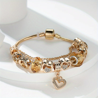 1PC Exquisite Golden Alloy Love Beads Charm Bracelet - Color Preserving Plating, Fashionable, Valentine's Day Gift, DIY Jewelry Accessories for Women, Anniversary, Birthday, or Romantic Occasions