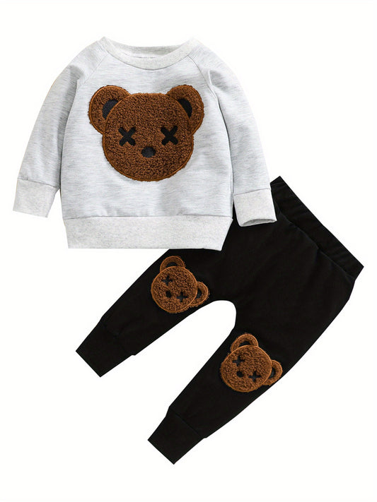 1-5 Years Kids Boys Autumn Spring Tracksuit, Fluffy Cartoon Bear O-Neck Long Sleeves Sweatshirt + Elastic Waist Pants for Little Boys
