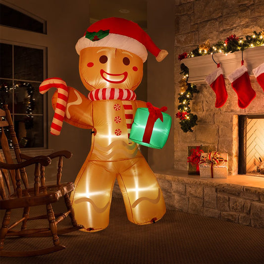 8FT Polyester Freestanding LED Lighted Inflatable Gingerbread Man Outdoor Decoration, Weather-Resistant Plug-Powered Yard Decor with US Plug for Christmas, Thanksgiving, Weddings, and More (110V-240V)