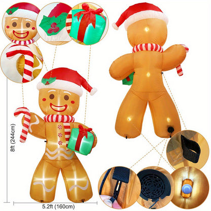8FT Polyester Freestanding LED Lighted Inflatable Gingerbread Man Outdoor Decoration, Weather-Resistant Plug-Powered Yard Decor with US Plug for Christmas, Thanksgiving, Weddings, and More (110V-240V)