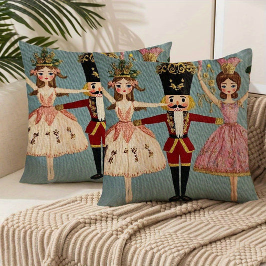 [Trusted] 2pcs Set Merry Christmas Nutcracker Throw Pillow Covers - Soft Plush, Zippered Polyester Cushion Cases for Sofa & Outdoor Decor, Machine Washable, Contemporary Style, Multi-Color