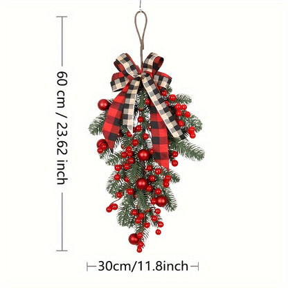 No Battery Required Christmas Pine Teardrop Swag with Red Berries, Plaid Bow, Artificial Festive Hanging Decoration, Plastic Pine Greenery, Suitable for Indoor/Outdoor Holiday Decor