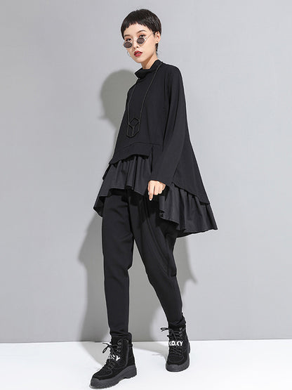xakxx High-Low A-Line Falbala Split-Joint Split-Back High-Neck T-Shirts Tops