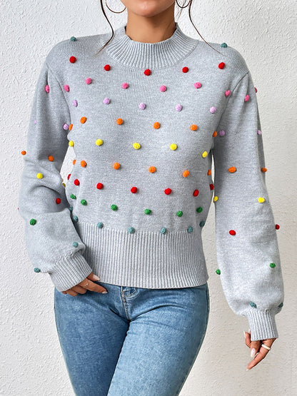 xakxx Long Sleeves Loose Pompom Triming Round-Neck Knitwear Pullovers Sweater Tops