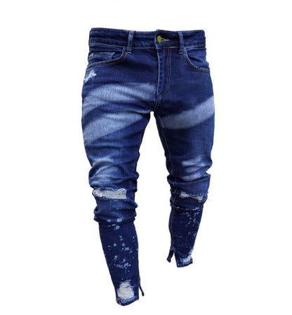2025 2025 ripped denim men's pants wish popular paint zipper personalized slim-fitting small feet jeans