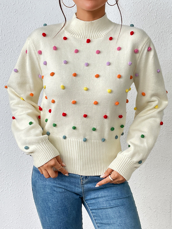xakxx Long Sleeves Loose Pompom Triming Round-Neck Knitwear Pullovers Sweater Tops