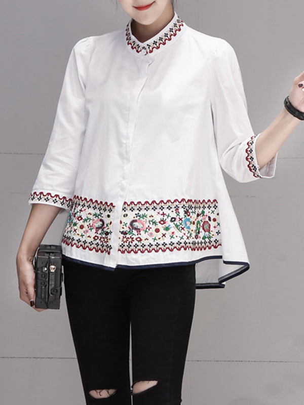 xakxx Loose Three-Quarter Sleeves Buttoned Embroidered Stand Collar Blouses&Shirts Tops