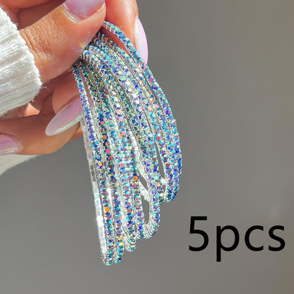 5pcs Fashion Dopamine Delight - Multi-Color Rhinestone Stretch Bracelets Set - Dazzling Elastic Wristbands for Parties, Holidays, Dates & Everyday Glam - Adjustable, Comfort-Fit, Assorted Colors Gift Idea