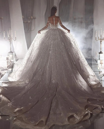 Wedding Ball Gwn Dresses Lng Sleeves V Neck Sequins Appliques Beaded Sparkly Ruffles Frmal Bridal Gwns Zipper Plus Size Custm Made Vestid De Nvia S