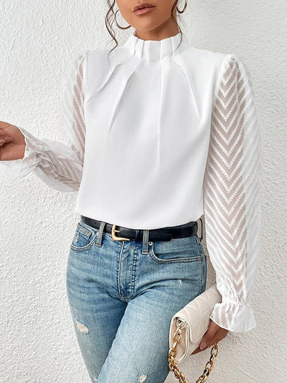 xakxx Long Sleeves Loose Elasticity Mesh Pleated Solid Color Mock Neck Blouses&Shirts Tops