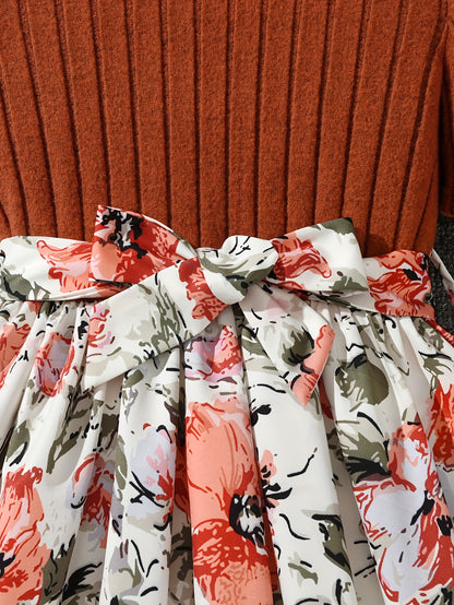 Girls Midi Floral Spliced Casual Dress with Belt - Ribbed Textured, Puff Short Sleeves, Trapeze Hem, and Medium Stretch Polyester Fabric for Summer Vacation Wear