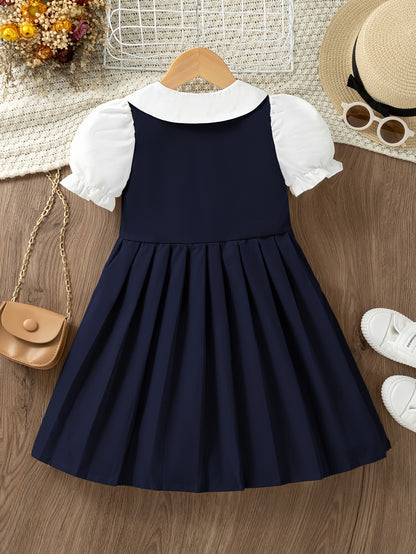 Elegant Girls Preppy Style Doll Collar Pleated Dress - Non-Stretch Polyester Fabric, Machine Washable, Solid Color, A-Line Fit, Perfect for School Uniform or Summer Casual Wear, Easy Care Instructions Included