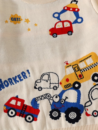 Boys Cartoon Car Pattern Sweater Round Neck Long Sleeve Stretch Warm Knit Pullover Top Kids Clothes Outdoor