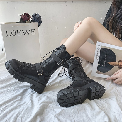 Purpdrank - Women's Shoes New Spring Style Platform Comfortable Boots Zipper Casual Mid-Calf Round Toe Flat with Boots Femmes Bottes