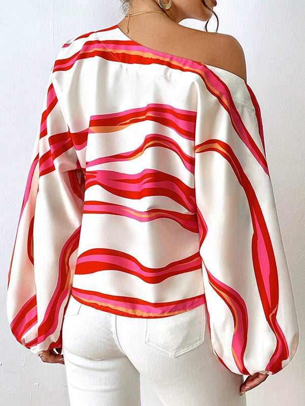 xakxx Long Sleeves Loose Asymmetric Striped One-Shoulder Blouses&Shirts Tops