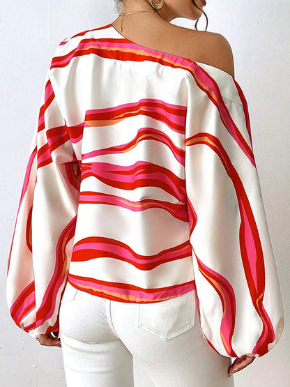 xakxx Long Sleeves Loose Asymmetric Striped One-Shoulder Blouses&Shirts Tops
