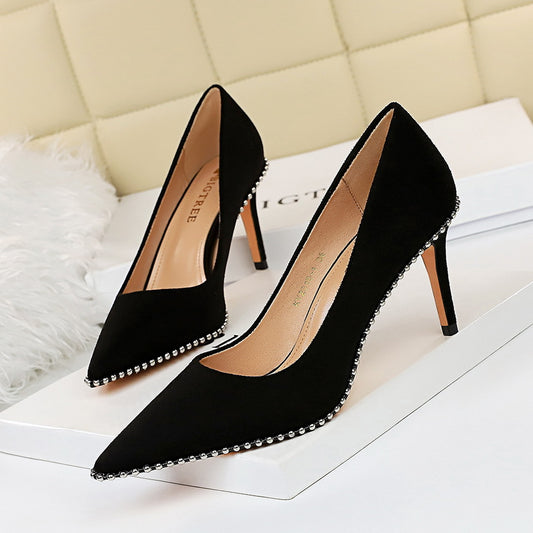 2025 1829-A5  retro women's shoes thin heel high heel suede light mouth pointed metal beads nightclub sexy single shoes