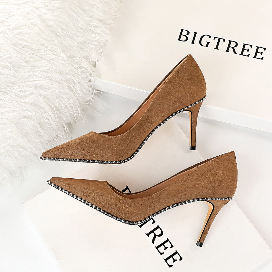 2025 1829-A5  retro women's shoes thin heel high heel suede light mouth pointed metal beads nightclub sexy single shoes