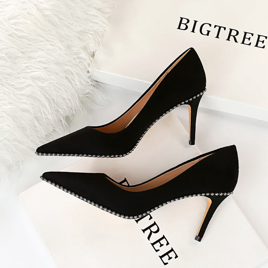 2025 1829-A5  retro women's shoes thin heel high heel suede light mouth pointed metal beads nightclub sexy single shoes