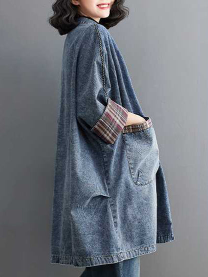 xakxx Long Sleeves Loose Buttoned Plaid Pockets Split-Joint V-Neck Denim Outerwear