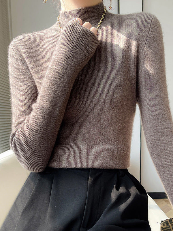 xakxx Casual Skinny Long Sleeves Solid Color Half Turtleneck Sweater Tops