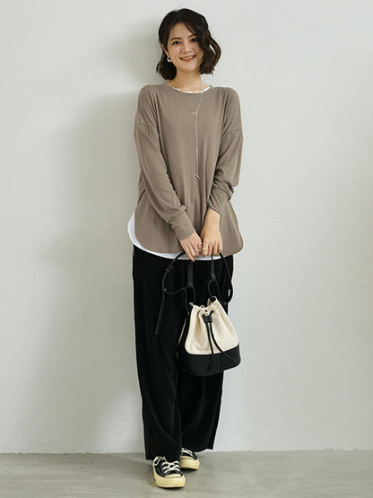 xakxx Simple Long Sleeves Loose Split-Side Solid Color Round-Neck T-Shirts Tops