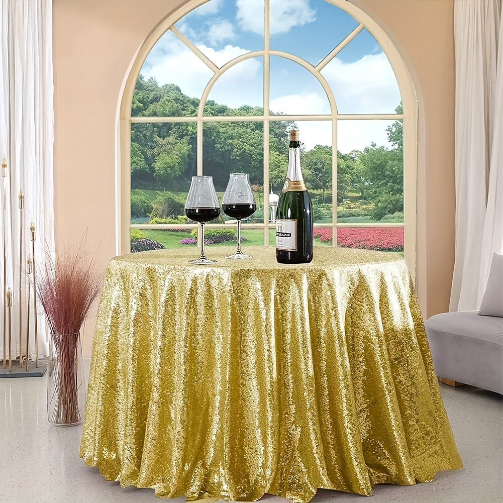 1pc, Luxurious Golden Round Sequin Tablecloth - Dazzling Table Cover for Bridal Shower, Birthday, Wedding, Dessert, Banquet, and Room Decor - Spreads Elegance and Sophistication on Tables