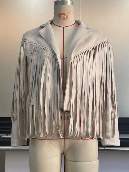 xakxx Long Sleeves Solid Color Split-Joint Tasseled Notched Collar Jackets
