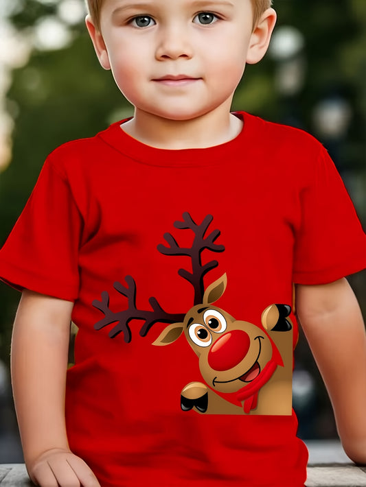 Boys' Summer Fashion T-Shirt with Cute Reindeer Print - Casual Short Sleeve, Polyester, Christmas Theme