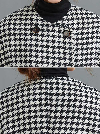 xakxx Loose Houndstooth Buttoned Round-Neck Long Sleeves Woolen Coat