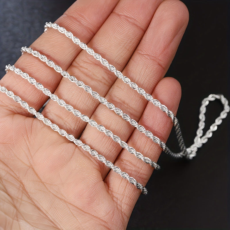 2PCS 925 Sterling Silver Twisted Rope Chain Necklace and Bracelet Set - Timeless Hip Hop Style Jewelry with Shiny Finish, Elegant Design, and Versatile Accessorizing Options for Women