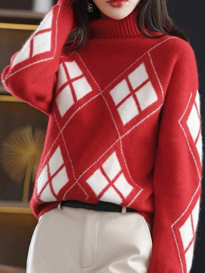 xakxx Casual Long Sleeves Loose Plaid High-Neck Sweater Tops