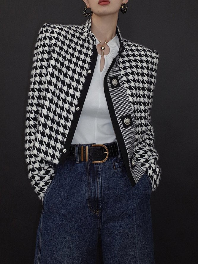 xakxx Stylish Long Sleeves Loose Houndstooth Stand Collar Jackets